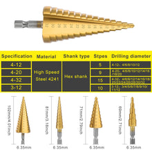 Load image into Gallery viewer, HSS 4241 Cobalt Multiple Hole 50 Sizes Step Drill Bit Set Tools Aluminum Case Metal Drilling Tool for Metal Wood Step Cone Drill
